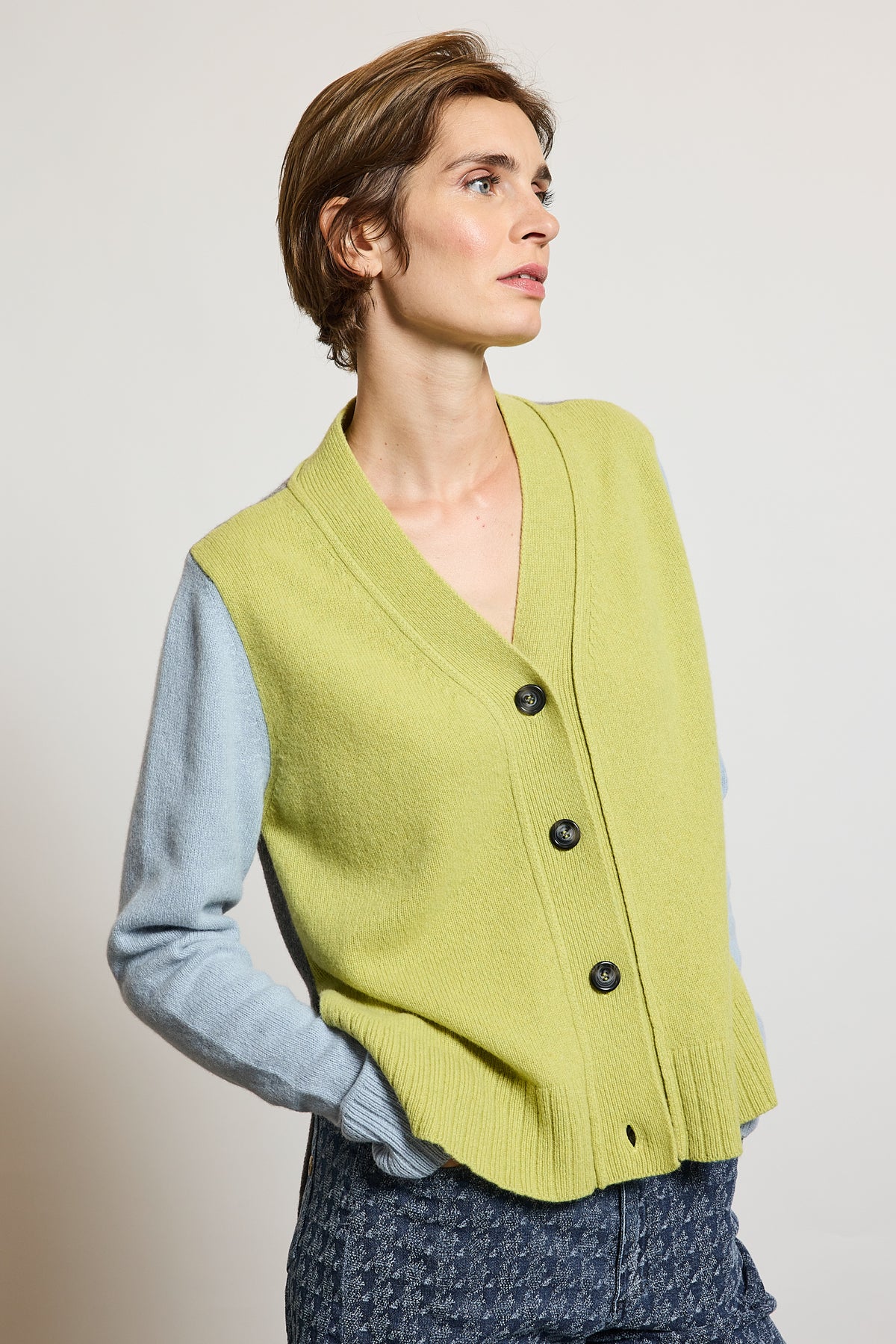 CARDIGAN TRICOLORE CACHEMIRE VERT