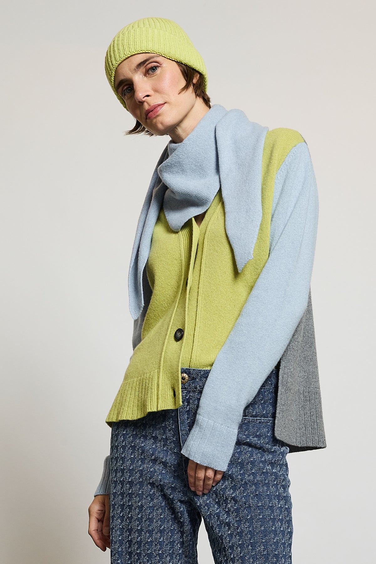 CARDIGAN TRICOLORE CACHEMIRE VERT