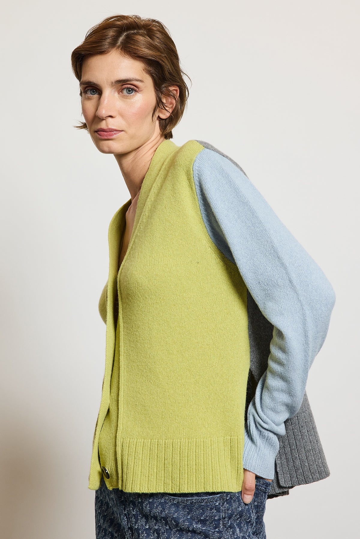 CARDIGAN TRICOLORE CACHEMIRE VERT