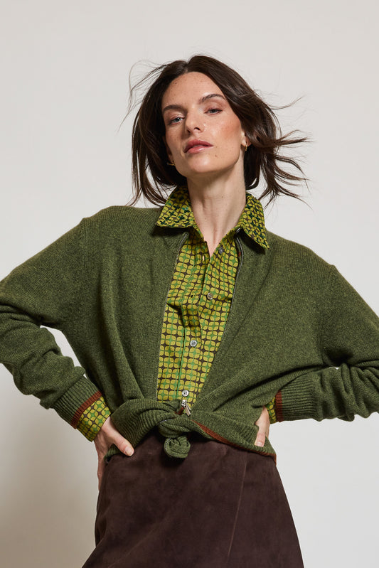 TWO-TONE WOOL CARDIGAN KHAKI