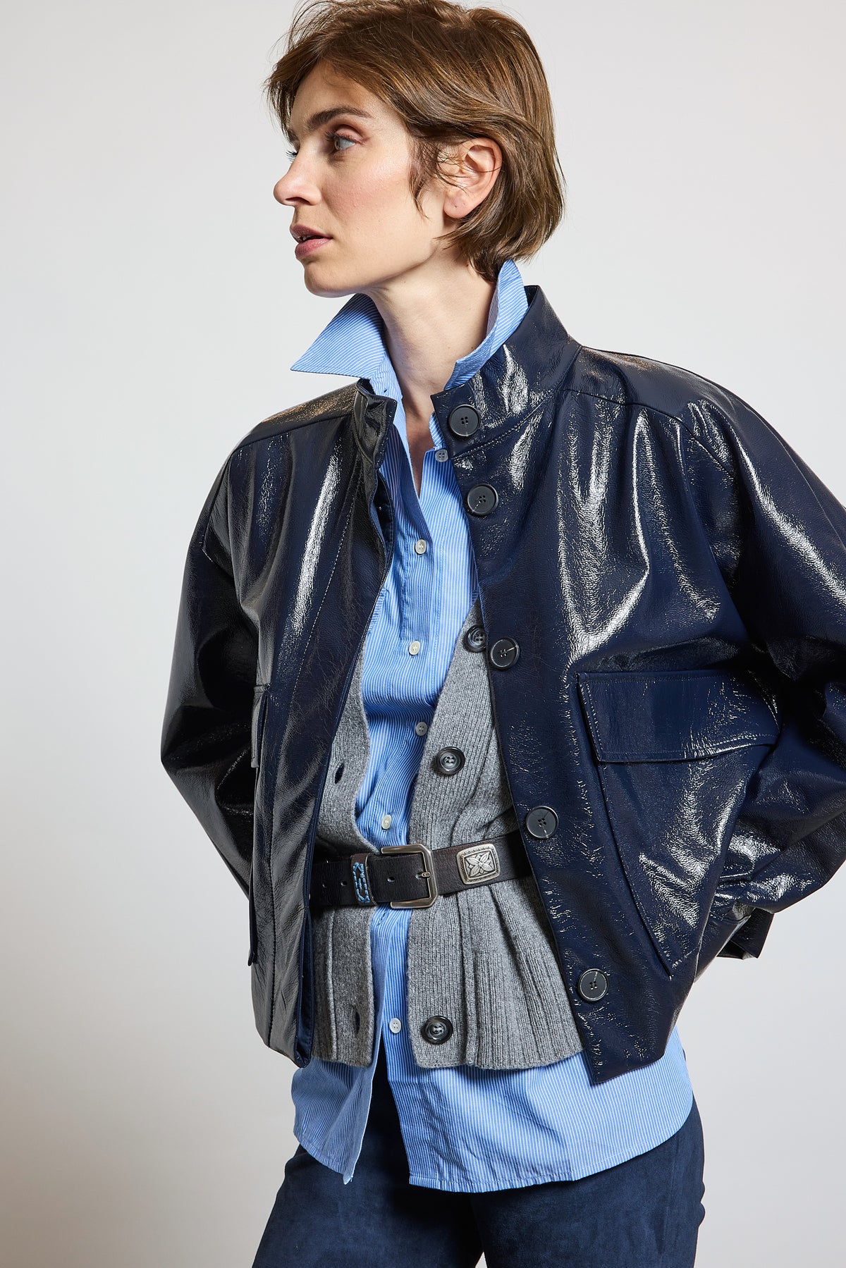 VESTE EN VINYLE SANS COL MARINE