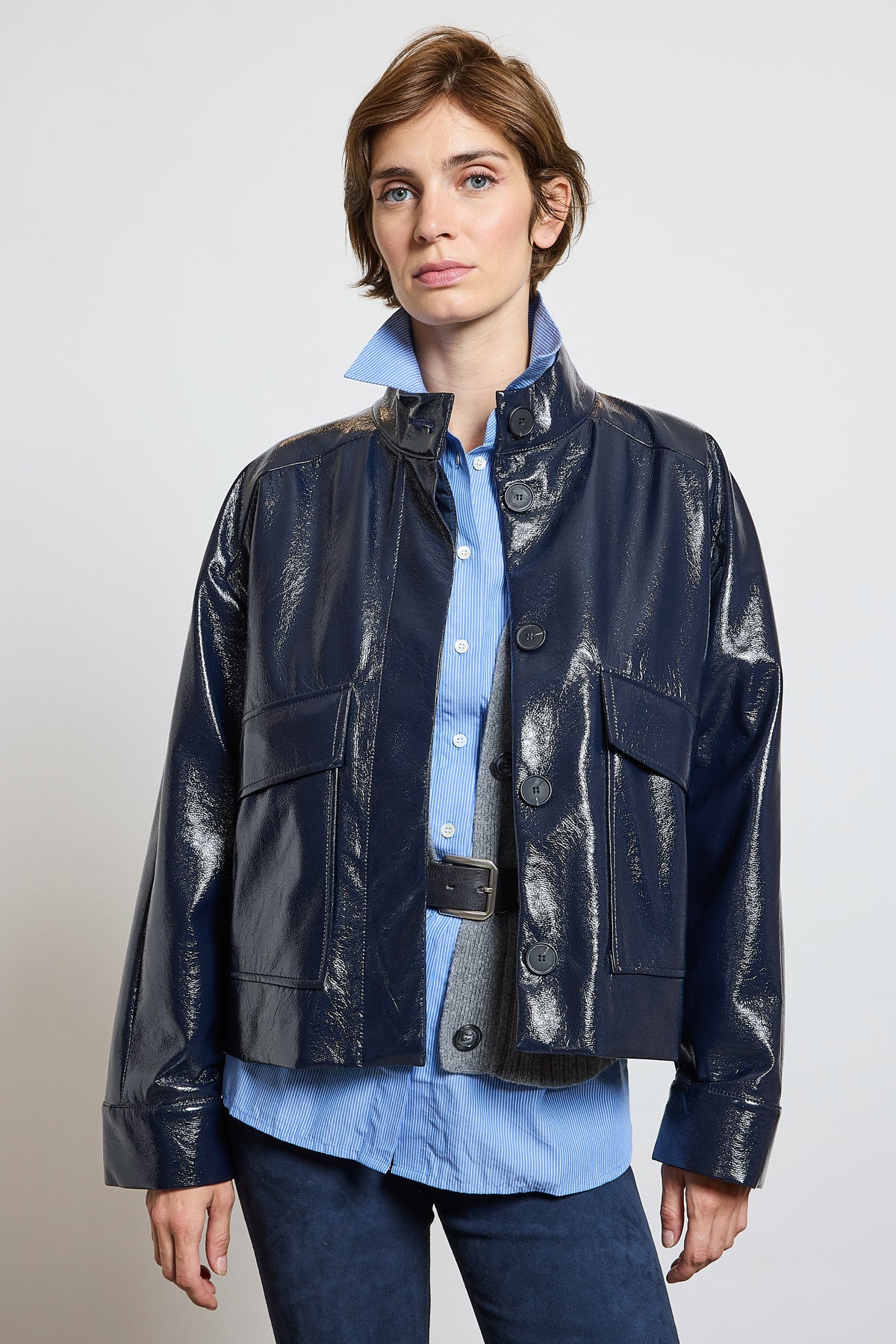 VESTE EN VINYLE SANS COL MARINE