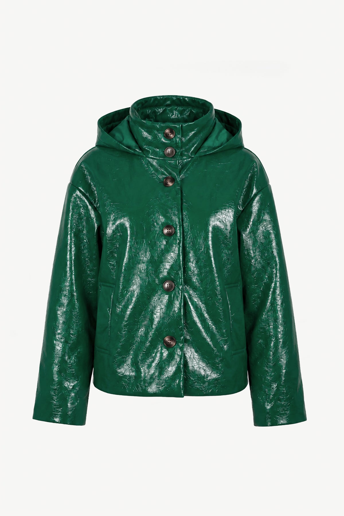 BLOUSON EN VINYLE À CAPUCHE VERT