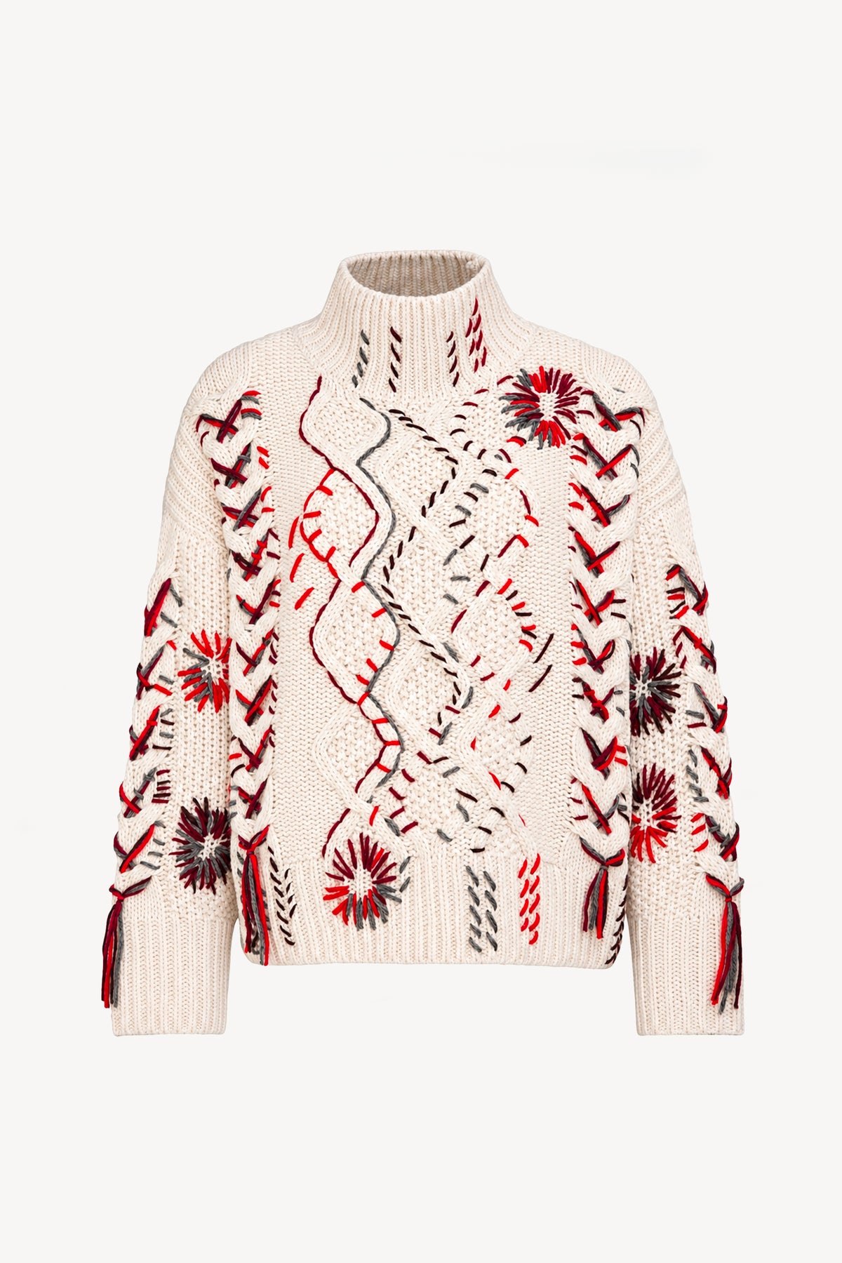 PULL TORSADE BRODÉ BORDEAUX