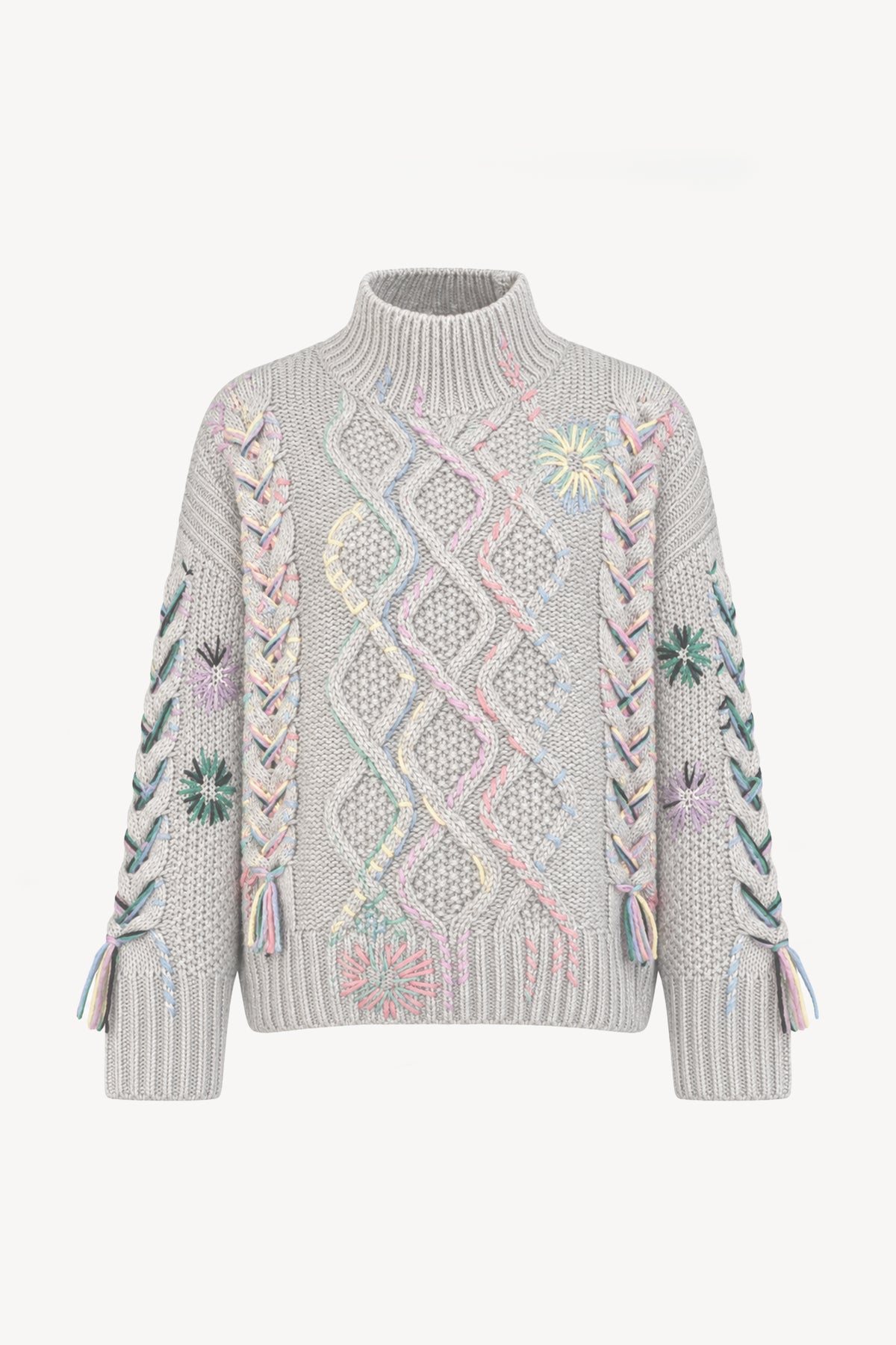 PULL TORSADE BRODÉ ROSE
