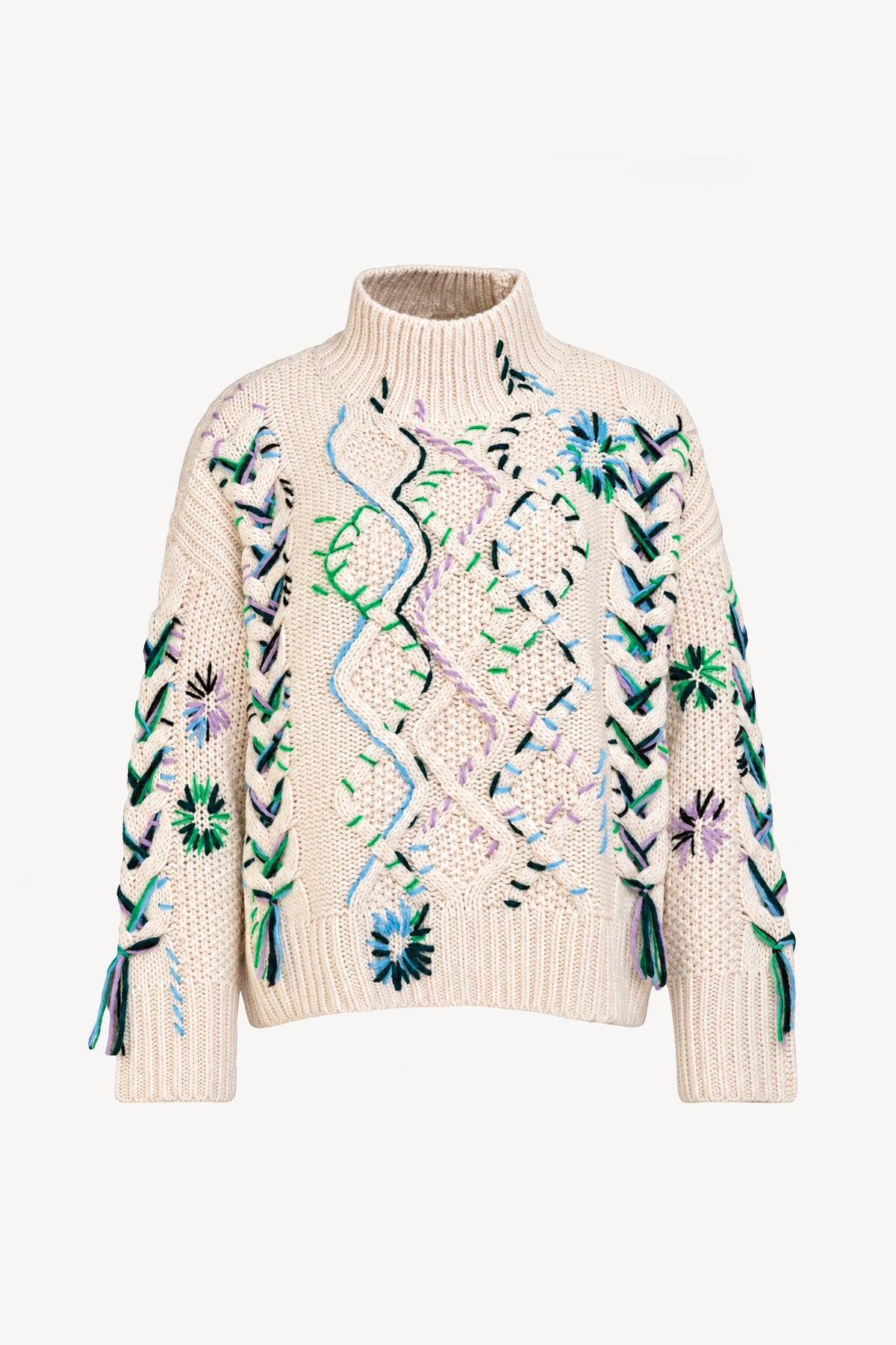 PULL TORSADE BRODÉ VERT