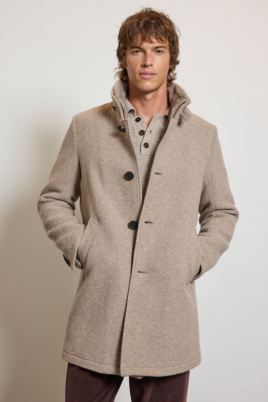 MANTEAU EN CAVIAR DE LAINE SABLE