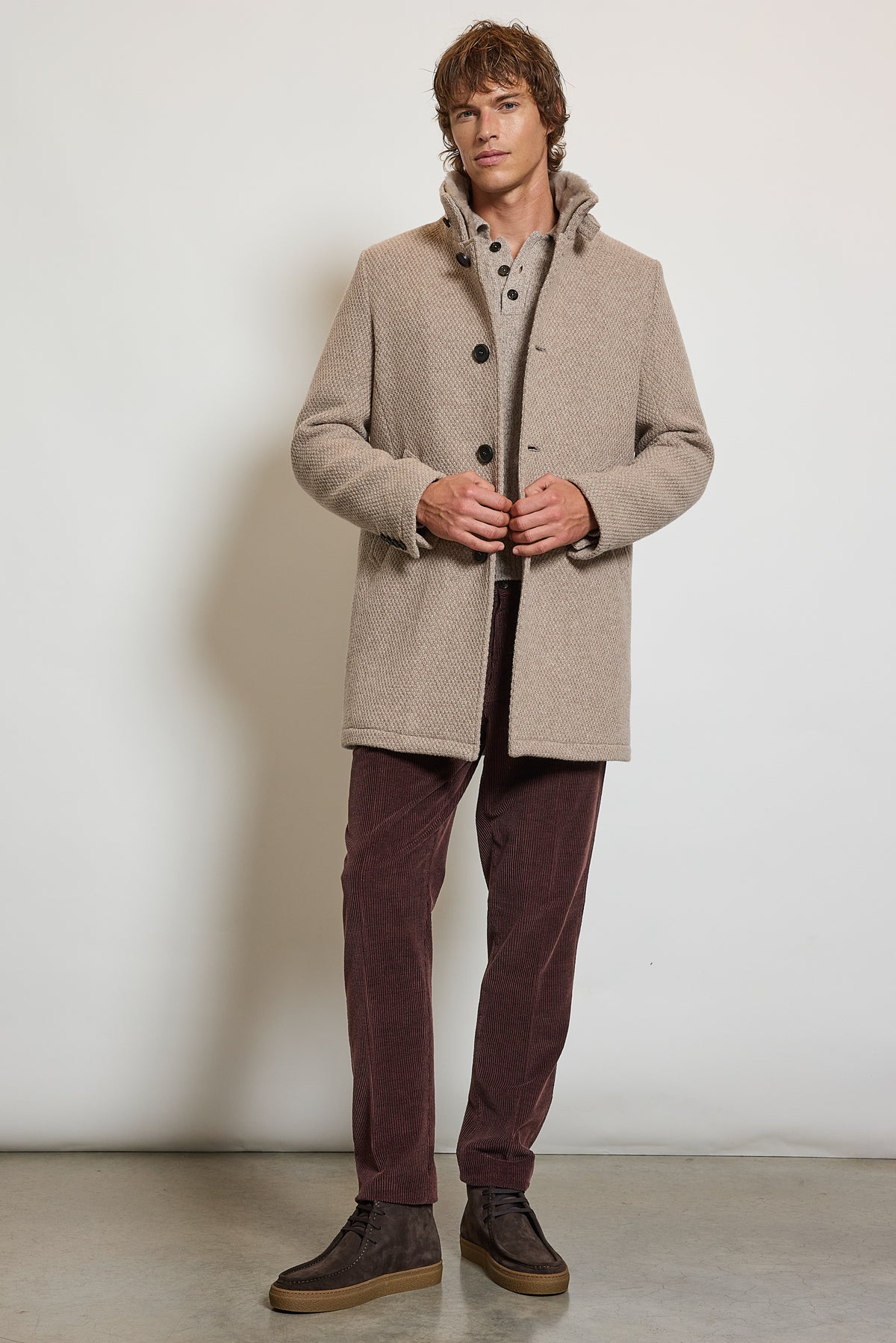 MANTEAU EN CAVIAR DE LAINE SABLE