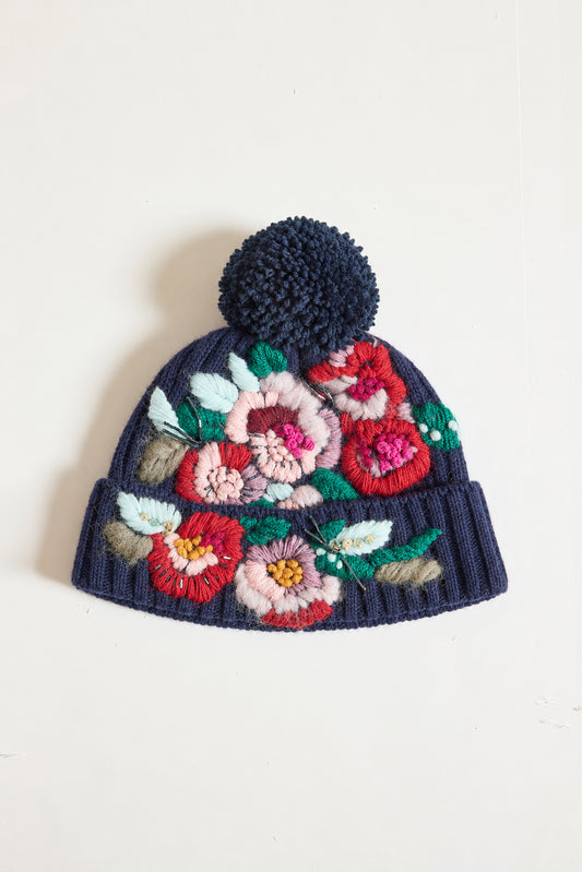 BONNET BRODÉ EN LAINE MARINE