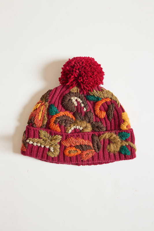 BONNET BRODÉ EN LAINE ROUGE