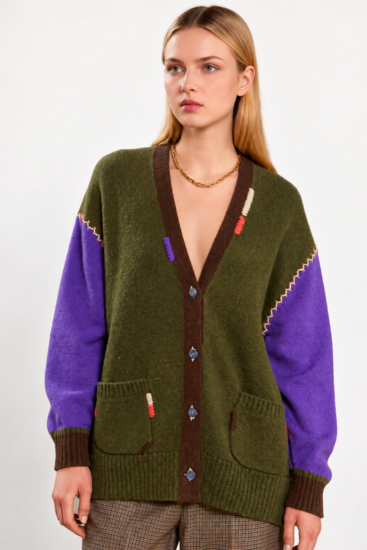 WOOL EMBROIDERED LONG CARDIGAN KHAKI