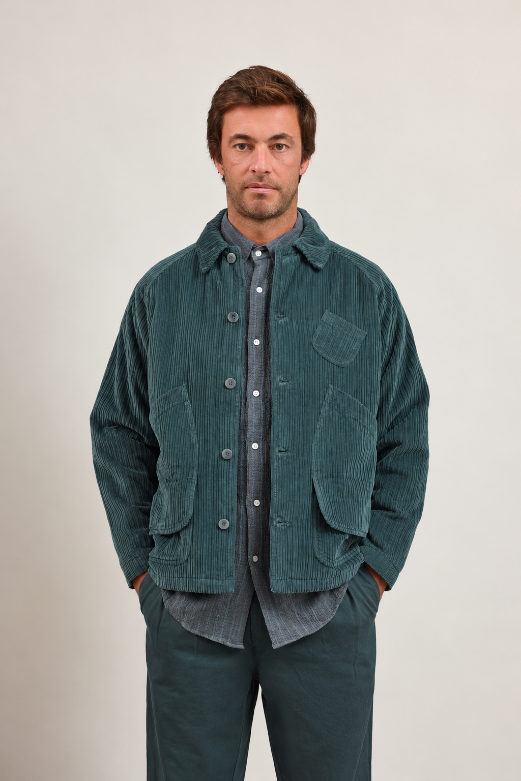 BLOUSON EN VELOURS COTELÉ VERT LAGON