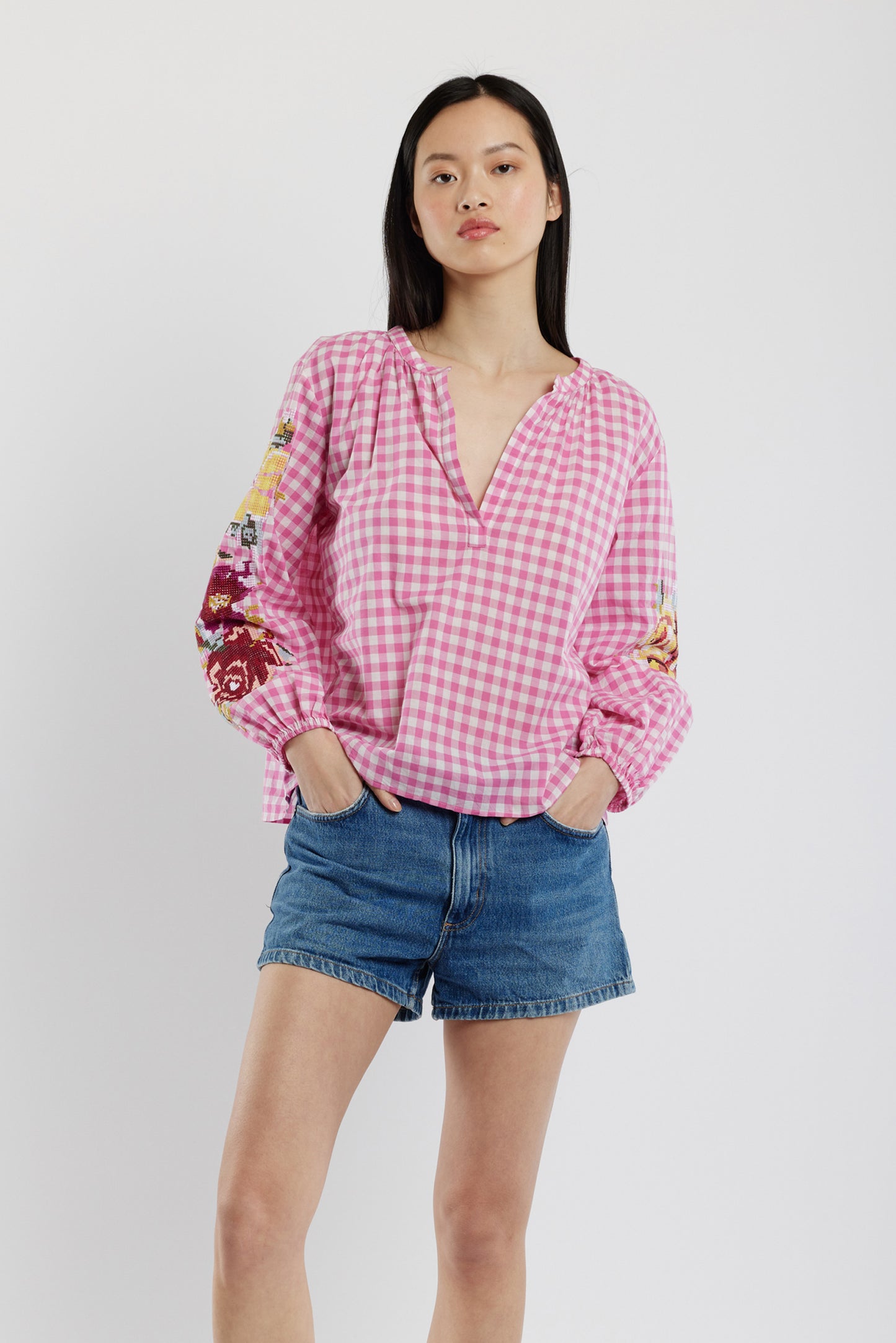 VICHY EMBROIDERED TOP PINK