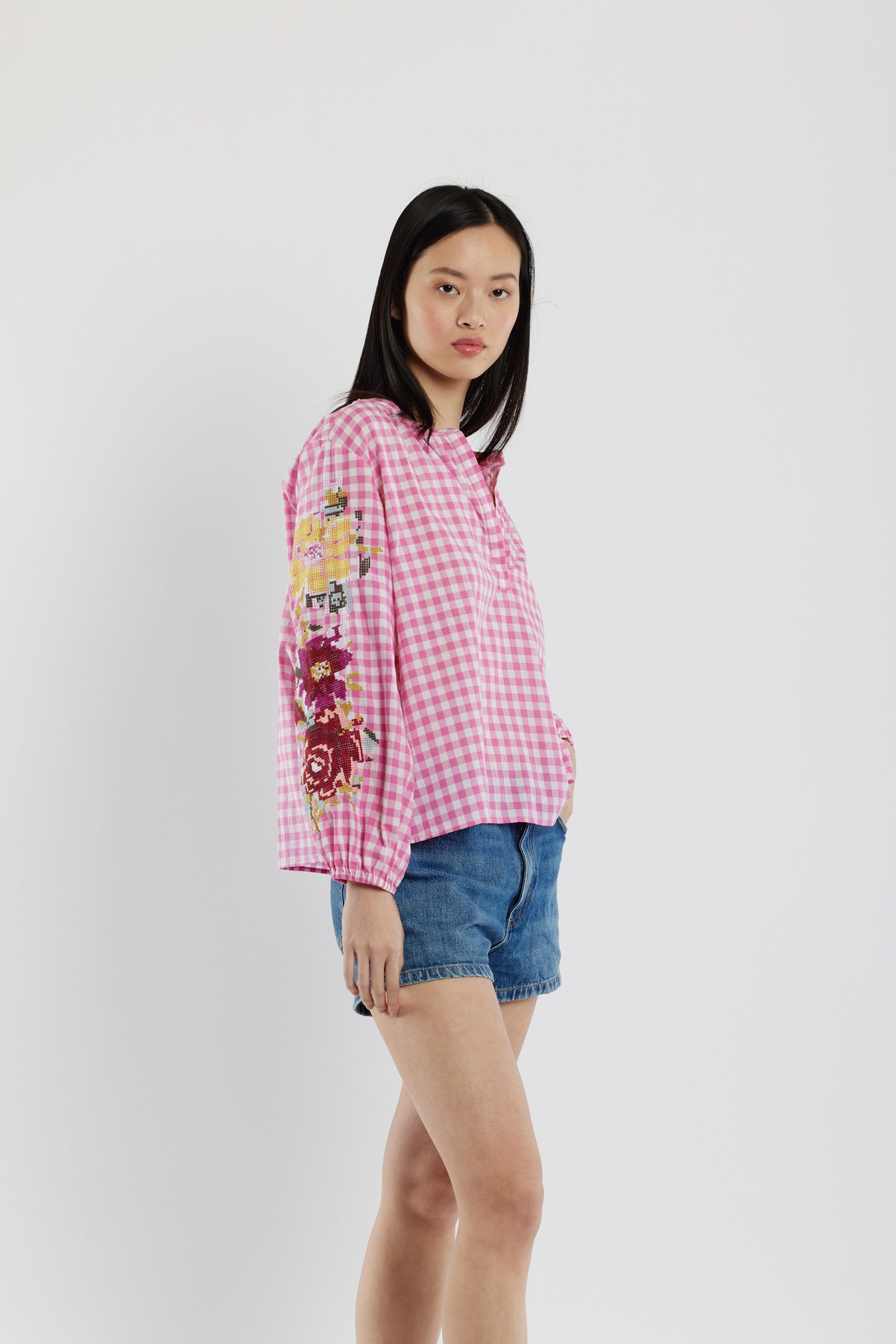 VICHY EMBROIDERED TOP PINK