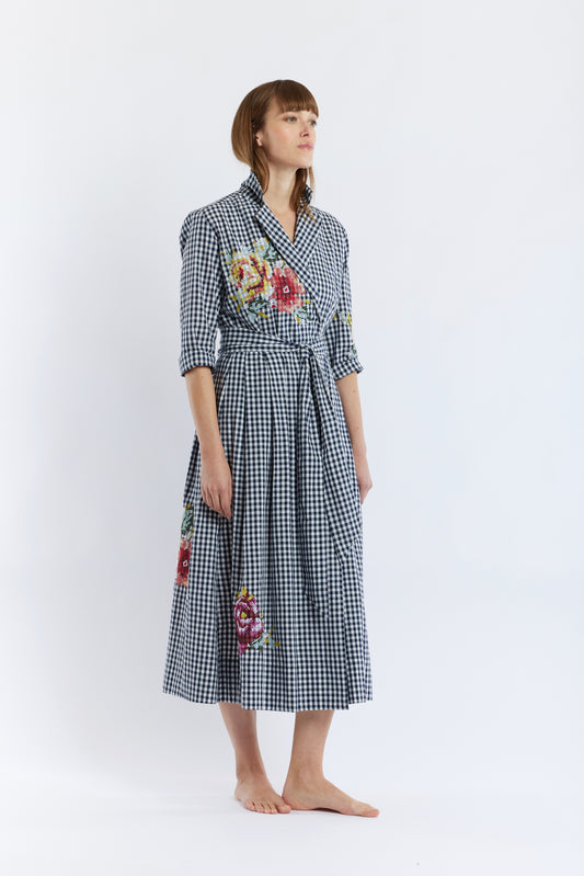 VICHY EMBROIDERED DRESS NAVY