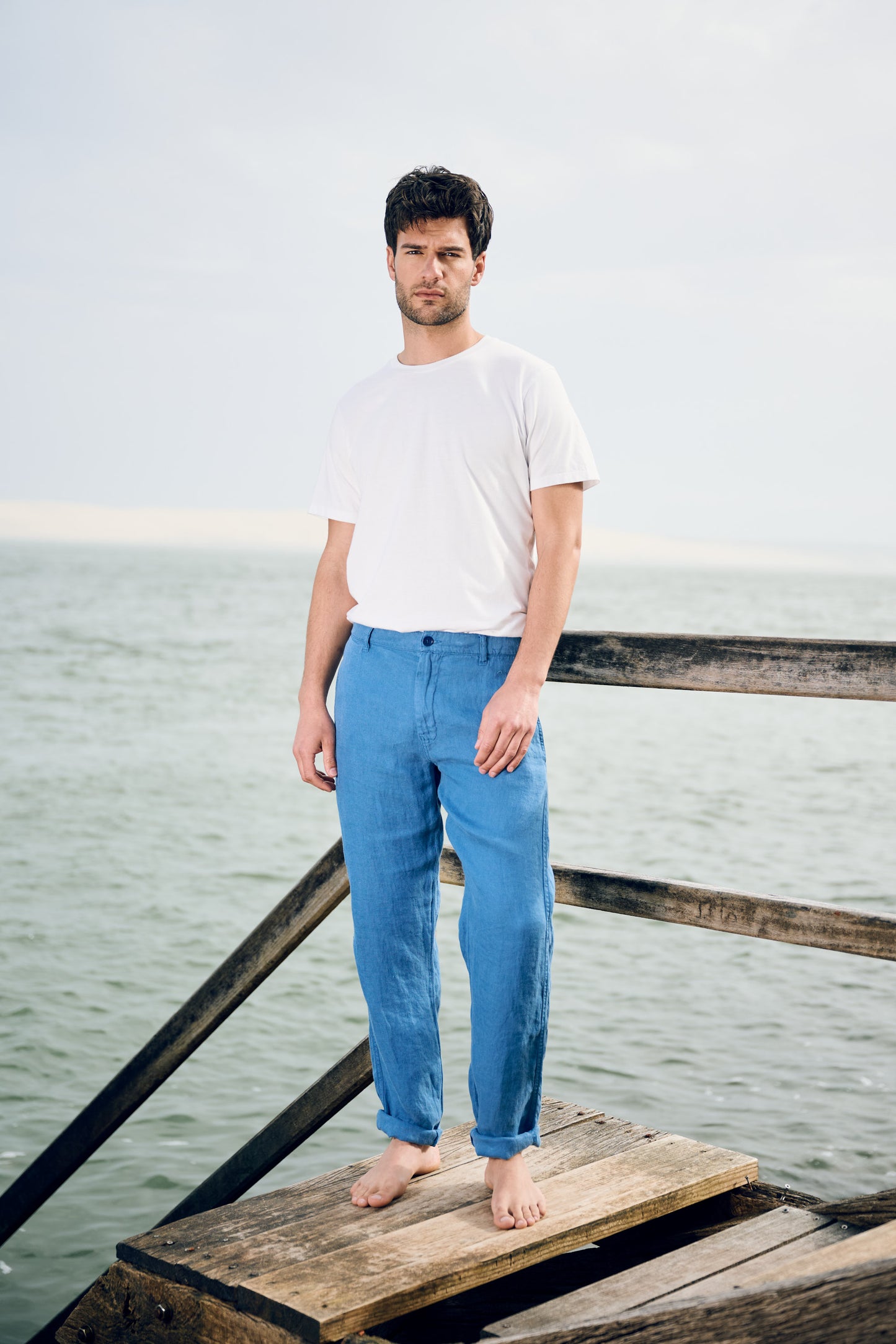 PANTALON DROIT EN LIN BLEU