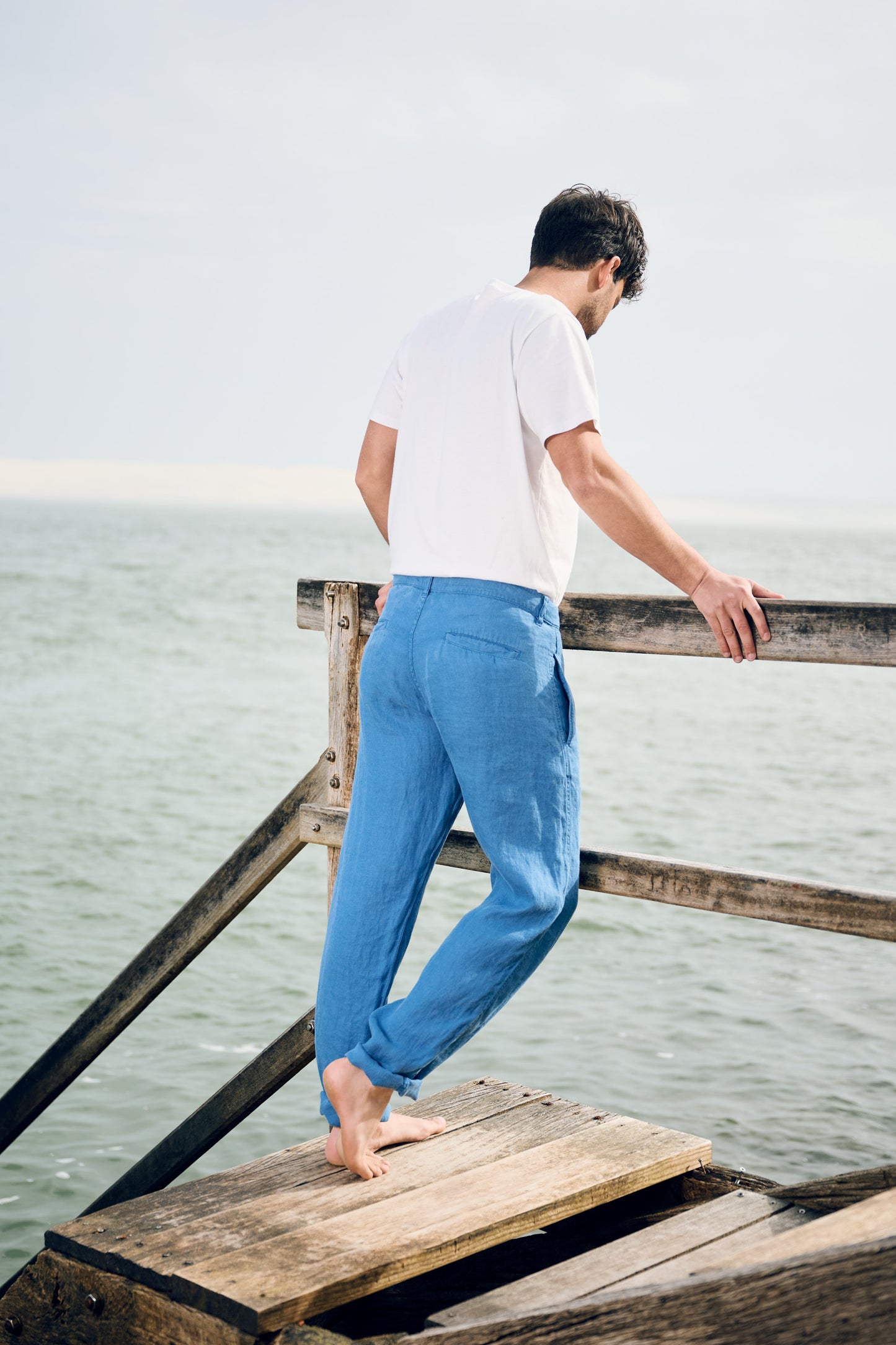 PANTALON DROIT EN LIN BLEU