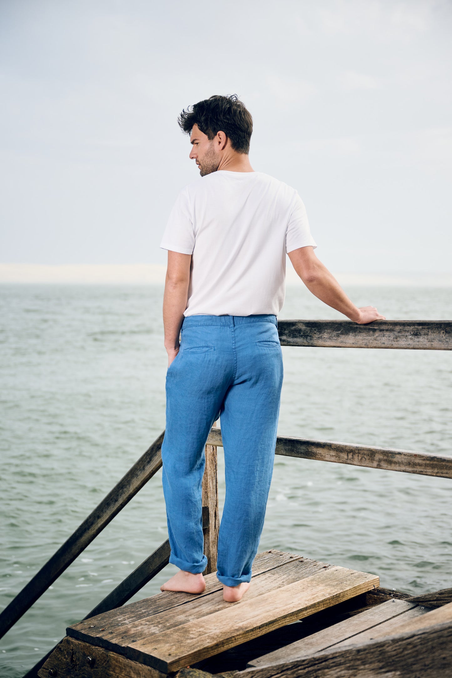 PANTALON DROIT EN LIN BLEU