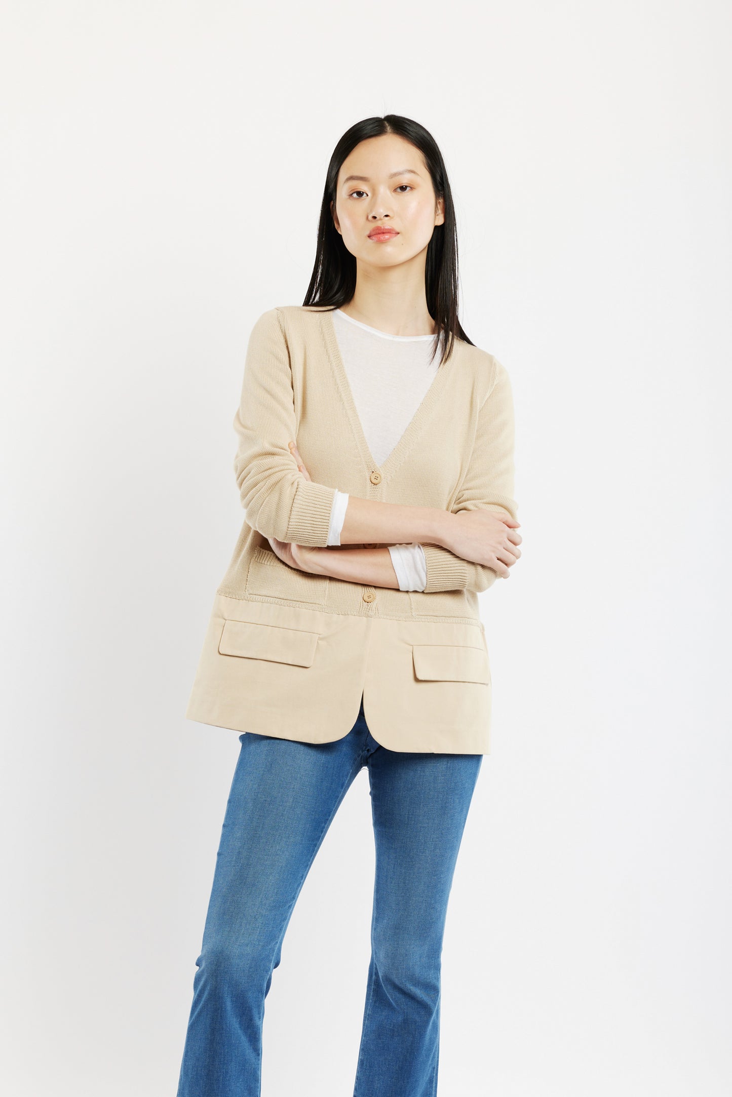 TWO-MATERIAL CARDIGAN BEIGE