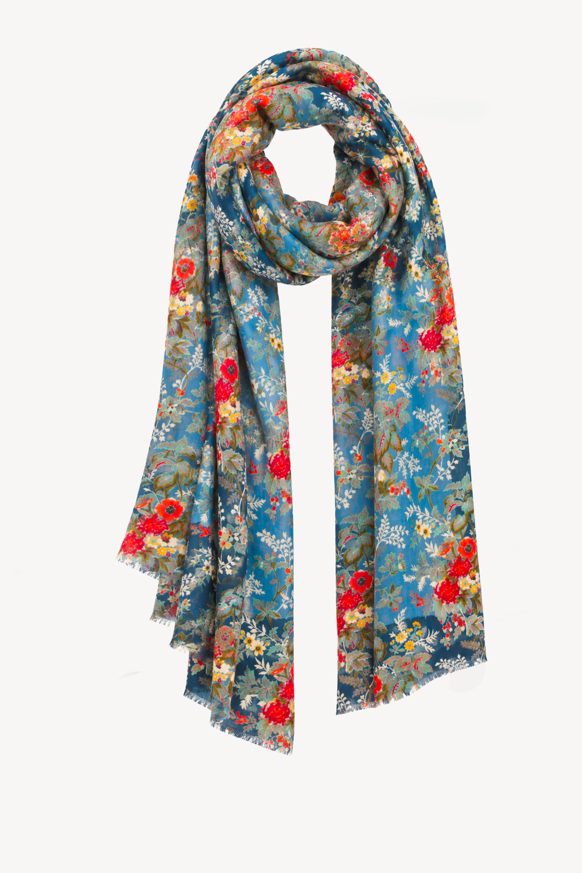 BLUE FLORAL WOOL SCARF 