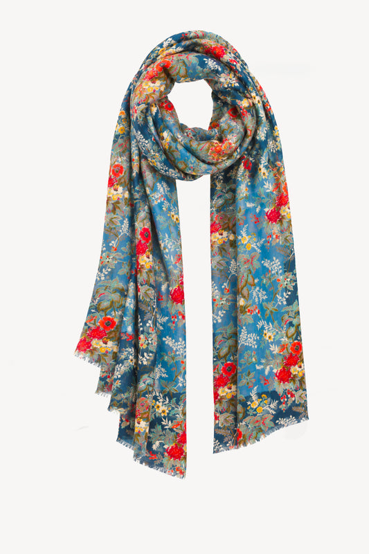 BLUE FLORAL WOOL SCARF 