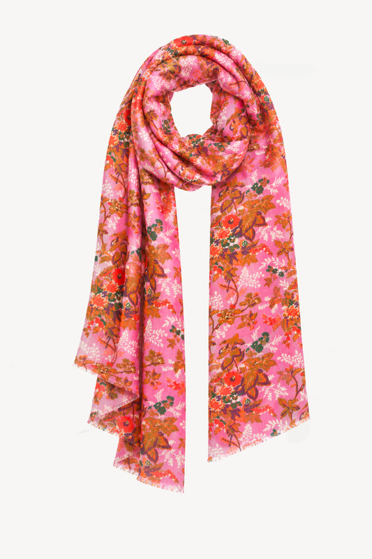 WOOL SCARF WITH FLOWERS PINK