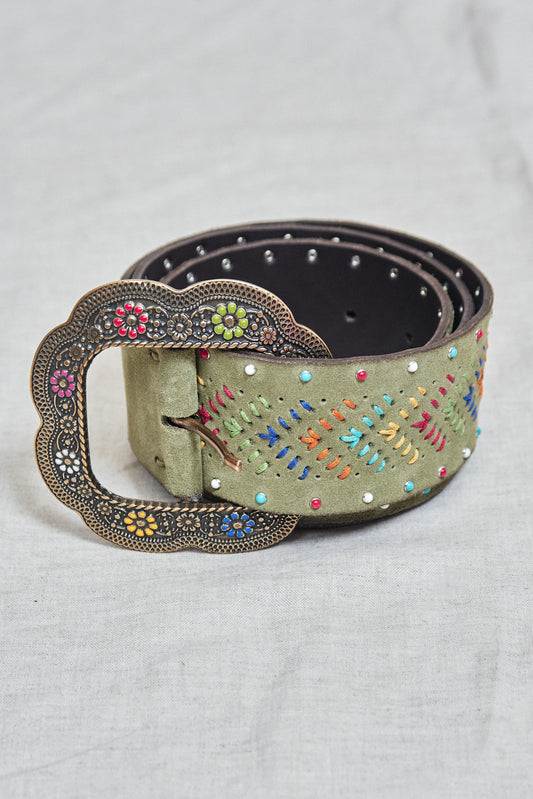 LARGE EMBROIDERED BELT almond