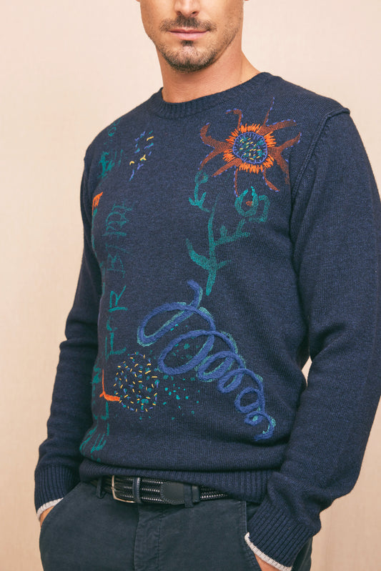 PAINTED EMBROIDERED PULLOVER NAVY